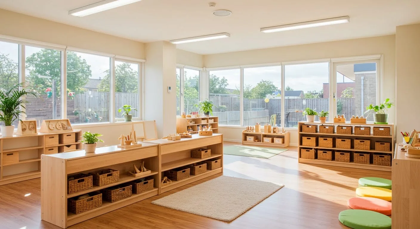 An early-years educator sitting on the floor with young children as they build with wooden blocks in a bright, softly lit classroom.