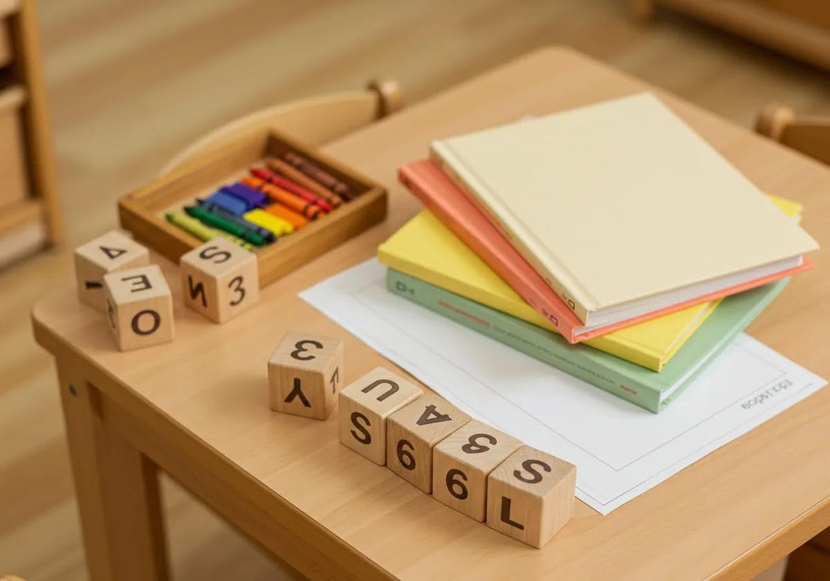 A preschool child tracing letters at a low table with an educator guiding their hand during a small-group literacy session.