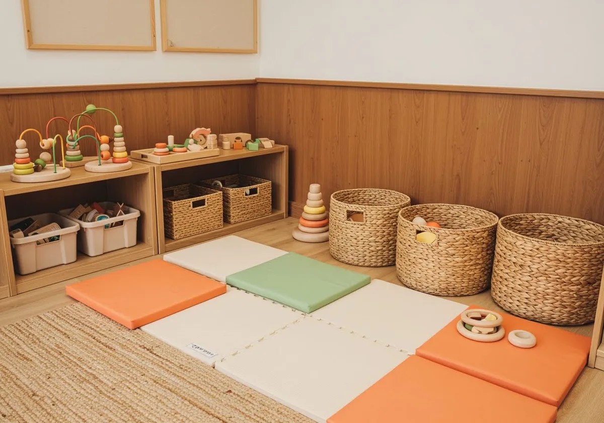 A toddler exploring a tray of textured sensory materials while an educator kneels alongside and talks with them.